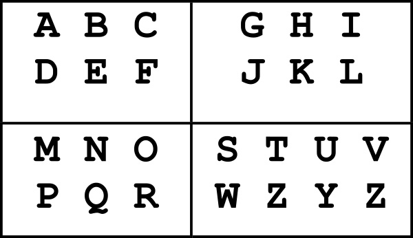 Buchstabentafel in 4 Blöcke aufgeteilt